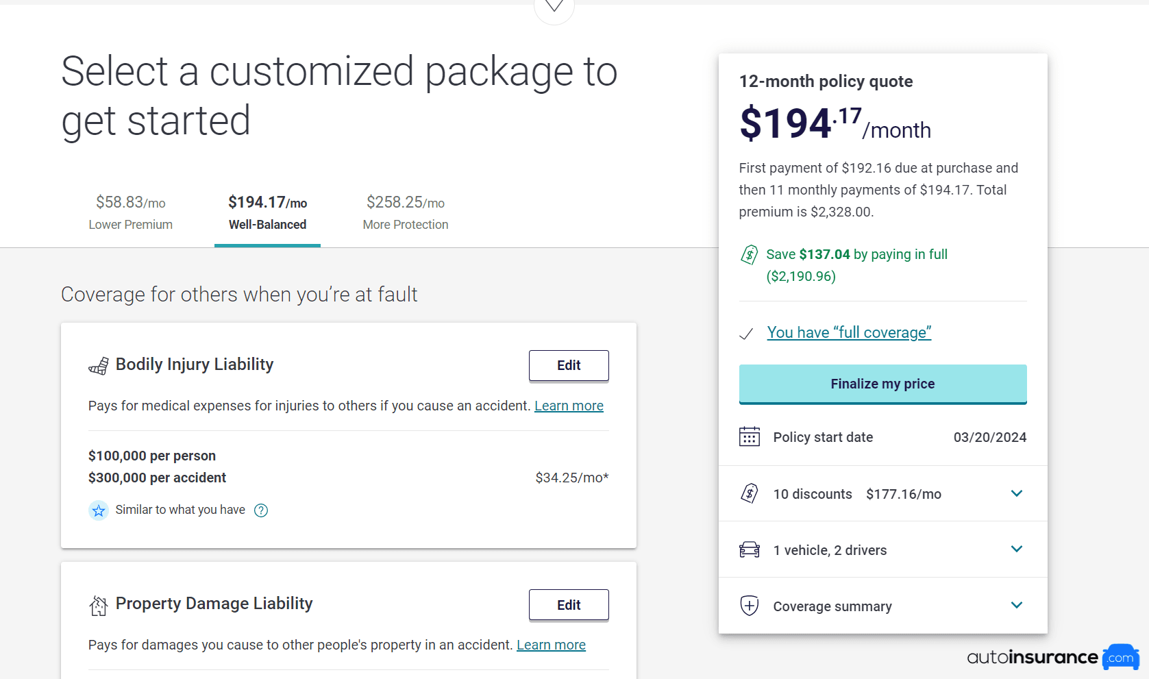 Liberty Mutual Select a Customized Package to Get Started