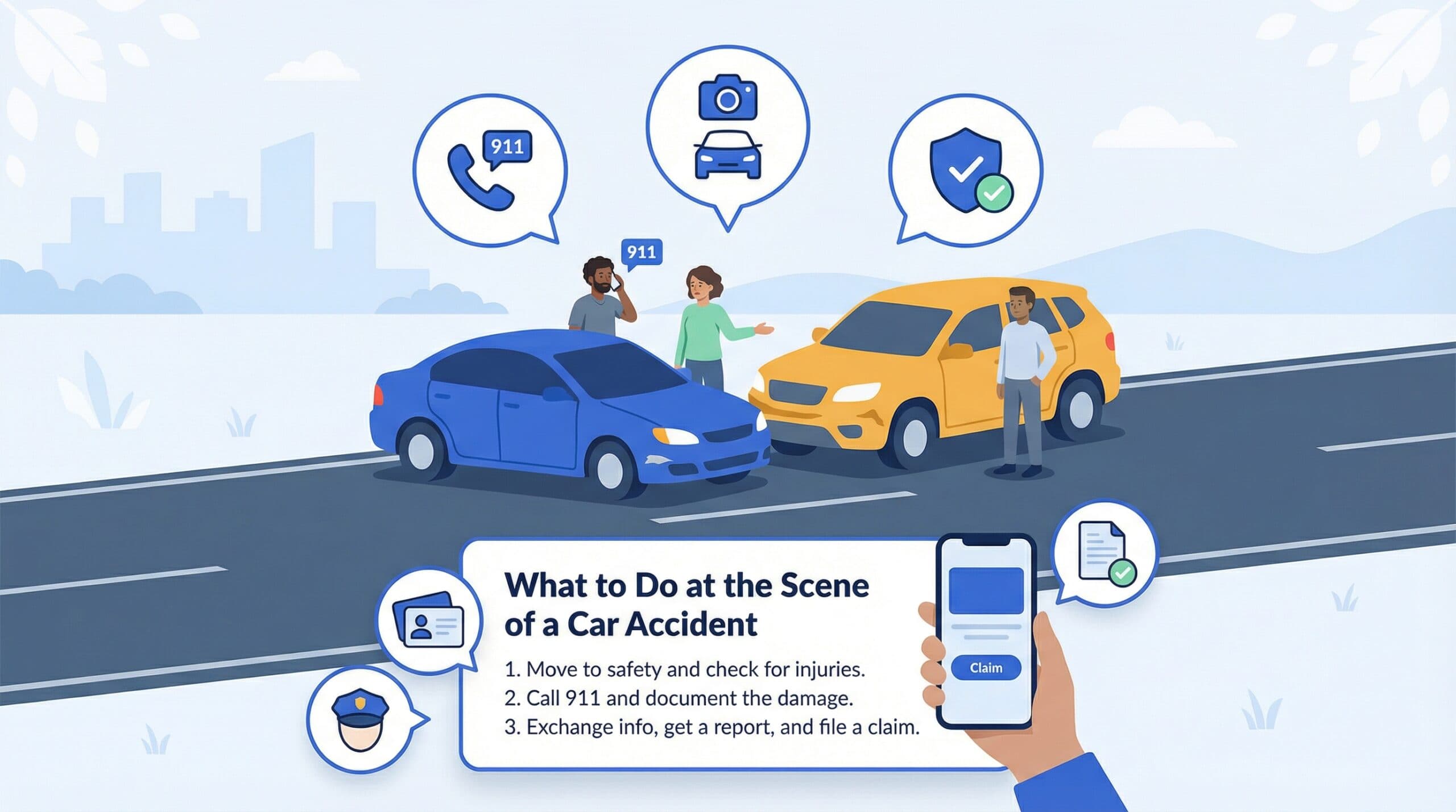 Infographic showing drivers at a car accident scene with a checklist: move to safety, call 911, exchange info.
