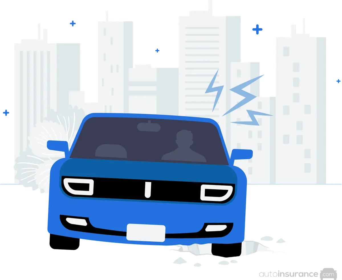 Illustrated graphic of car driving over a pothole against a city backdrop.