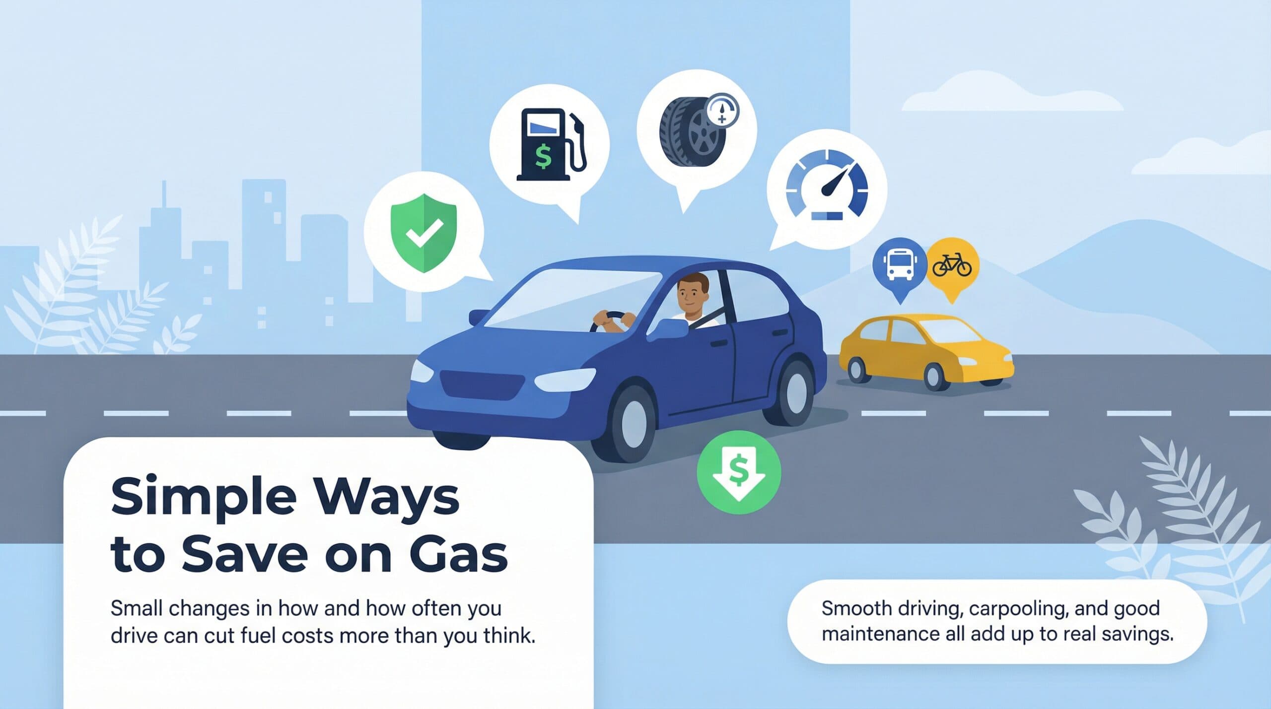Infographic titled 'Simple Ways to Save on Gas' with an illustration of a blue car and icons for fuel efficiency, maintenance, public transport, and smooth driving.