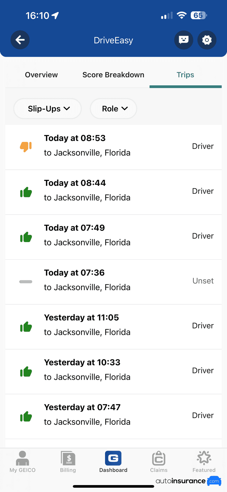 GEICO EasyDrive Trip History